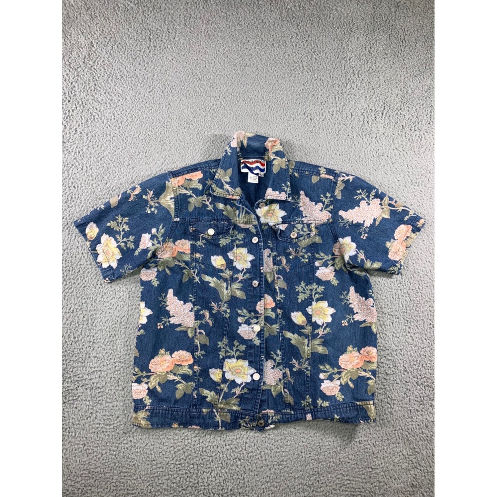 Vintage Country Wear Denim‎ Floral Shirt Women Large Button Up Retro Western